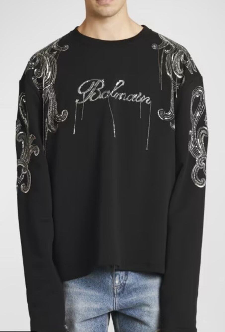 $995 Balmain Paris Embroidered Chain Fringe Paisley Sweatshirt Black Sz XL
